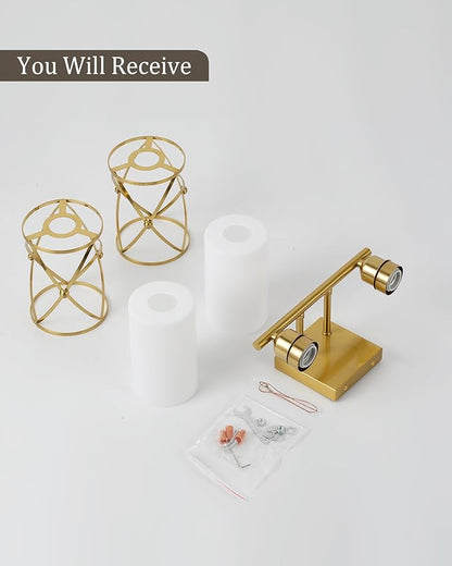 2-Light Brushed Gold Bathroom Light Fixtures with Milk Frosted Glass, 13.8" Modern Bathroom Vanity Lighting Fixtures Over Mirror with Metal Cage, Wall Sconce Lights for Bath, E26, CH9176BGW-2W