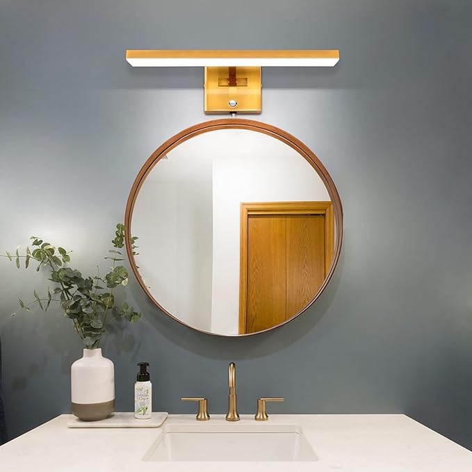 MantoLite Bathroom Lighting Fixtures Over Mirror,Plug in LED Picture Lights for Wall Dimmable Bathroom Vanity Light 15inch Cabinet Wall Sconces with Ajustable Arm Bedside Reading Lamp,Brass,6000K 8W