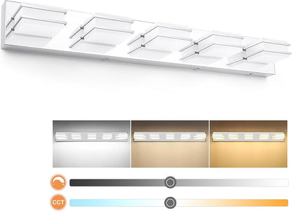 GOODATE 3 Color Temperature Dimmable Vanity Lighting Fixtures, LED Chrome 5 Light Bathroom Vanity Light, Acrylic Stainless Steel Square Shade Vanity Lights for Bathroom, ETL Certificated