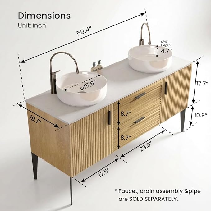 60" Double Bathroom Vanity with Sink Combo, Mid-Century Modern Bath Cabinet with 2 Doors & 2 Drawers, Large Storage for Bar, Hotel, Apartment, Natural Oak