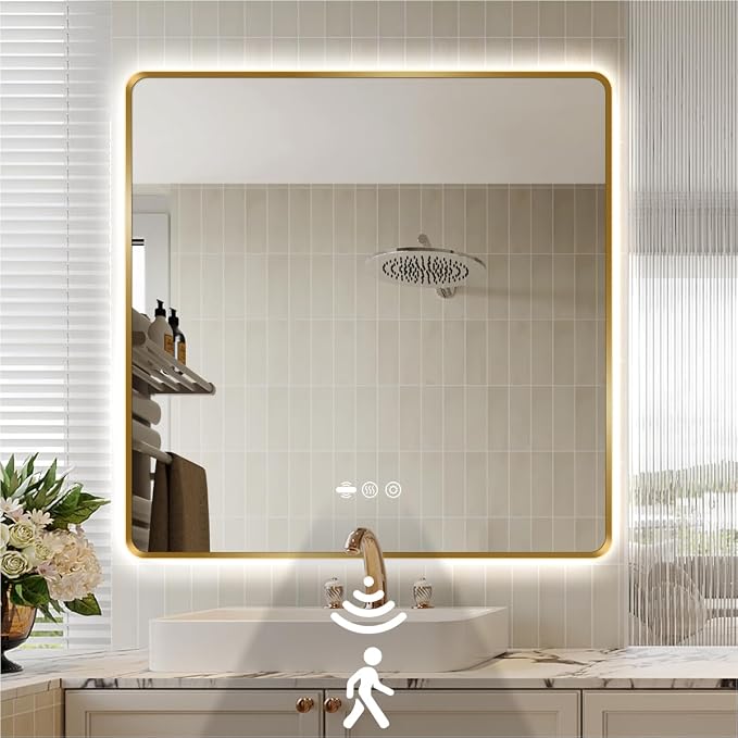 36" x 36" Gold LED Bathroom Mirror with Lights - Motion Sensor | Smart Backlit Mirror, Anti Fog, Stepless Dimmable & 3-Color, Wall Mounted Lighted Bathroom Vanity Mirror, UL-Listed, CRI≥93