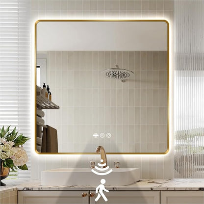 36" x 36" Gold LED Bathroom Mirror with Lights - Motion Sensor | Smart Backlit Mirror, Anti Fog, Stepless Dimmable & 3-Color, Wall Mounted Lighted Bathroom Vanity Mirror, UL-Listed, CRI≥93