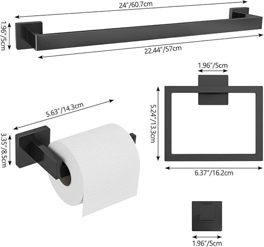 FEILERN 20-Piece Matte Black Bathroom Hardware Set, 24 Inch Towel Bar Set | Towel Racks for Bathroom, Towel Bar, Black Bathroom Accessories, Toilet Paper Holder Wall, Square Towel Ring, Towel Hooks