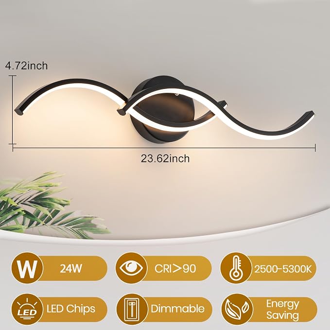 Black Curved Curved 5CCT Bathroom Vanity Light Fixture Over Mirror, 23.62 inch Modern LED Wall Lamp Dimmable Bathroom Light Fixture Modern Wall Sconces