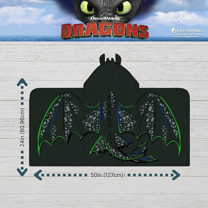How to Train Your Dragon Toothless Super Soft Bath/Pool/Beach Soft Cotton Terry Hooded Towel Wrap, 24 in x 50 in, (Officially Licensed Product) by Franco
