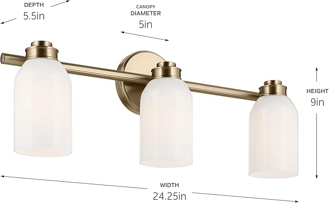 Kichler Shae 24.25" 3-Light Vanity Light with White Opal Glass in Champagne Bronze, for Bathroom Vanity, Powder Room, Over a Mirror, (24.25" W x 9" H), 55202CPZ