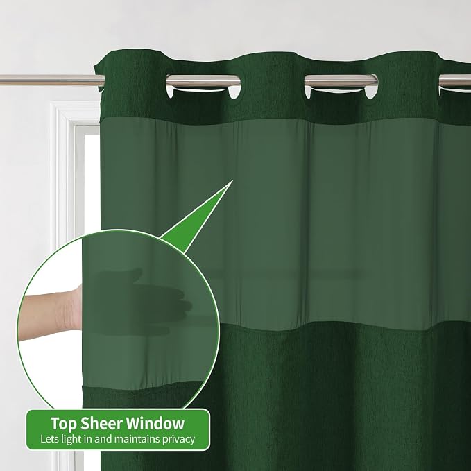 eachope No Hook Fabric Shower Curtain with Snap-in Liner,71x74Emerald Green | Linen Texture,230GSM Thick Fabric,Hotel Luxury Decor,Mesh Window,Bottom magnetic ,Waterproof & Machine Washable,for Bathroom