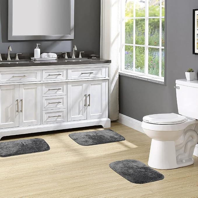 Garland Rug Traditional Nylon Washable Dark Gray 3 Bath Rugs (17" X 24", 21" X 34", 21" X 34") - Soft, Absorbent, and Stylish for Your Bathroom