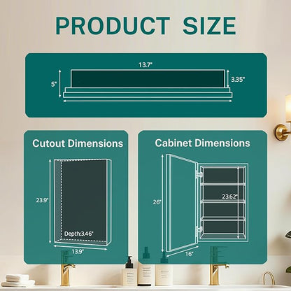 16 x 26 inch Bathroom Medicine Cabinet, Mirror Cabinet with Single Door & Removable Shelves, Surface Mount or Recess Installation, Medicine Cabinets for Bathroom