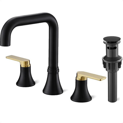 8 Inch Black and Gold Bathroom Faucet Widespread, 360 Degree Swivel Faucet for Bathroom Sink 3 Hole with 2 Handles, Pop-Up Drain & Water Hoses Saving Water