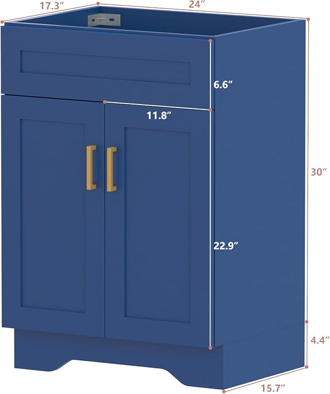 24 Inch Bathroom Vanity, Wooden Double Door Bathroom Sink Storage Cabinet, Freestanding Modern Cabinet Vanity Without Sink (Blue No Sink, 24")