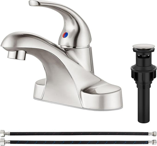 Aolemi Bathroom Faucets Arc 4 Inch Centerset Bathroom Sink Faucet Single Handle Vanity Faucet with Supply Lines,with Pop Up Drain Assembly,Brushed Nickel