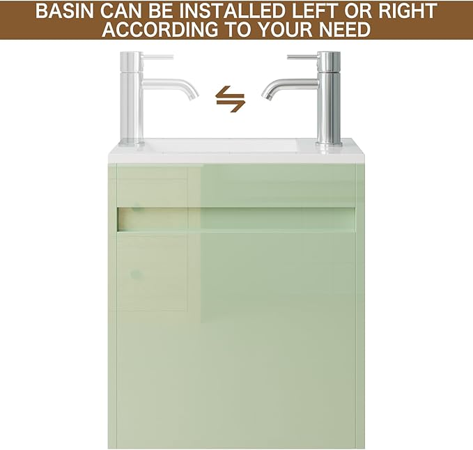 wonline 16" Small Floating Green Bathroom Vanity Sink Combo, Wall Mounted Narrow Single Cabinet with Resin Basin Sink Top, Water Saving Chrome Faucet & Pop-Up Drain-Glossy Green