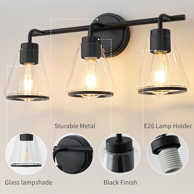 Black Bathroom Vanity Light 3 Lights Bathroom Light Fixtures Over Mirror | Vanity Lighting Fixtures with Clear Glass Shade, 22 inch Modern Vanity Lights for Bathroom, Wall Sconce Lights for Bedroom
