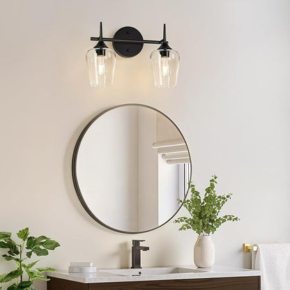 2-Light Bathroom Light Fixtures, Black Vanity Lights for Bathroom with Clear Glass, Bathroom Lighting Fixtures Over Mirror, Modern Wall lamp for Cabinet Hallway