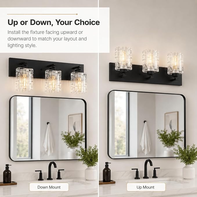 3 Lights Matte Black Crystal Bathroom Vanity Light,Modern Bathroom Wall Light,Crystal Over Mirror Light Fixtures for Living Room, Bedroom, Hallway