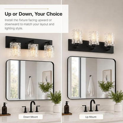 3 Lights Matte Black Crystal Bathroom Vanity Light,Modern Bathroom Wall Light,Crystal Over Mirror Light Fixtures for Living Room, Bedroom, Hallway