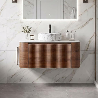 36" Preassembled Floating Bathroom Vanity with Carrara Finish Sink, Walnut | Mid-Century Modern Style, Fluted & Soft-Close Drawer with U-shaped Wall, Sinterted Stone Countertop, Towel Rack Included