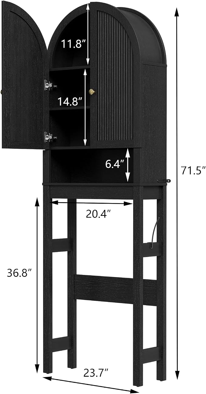 HMstone Over The Toilet Storage Cabinet, Arched Bathroom Organizer and Storage with Doors and Adjustable Shelf, Space-Saving Freestanding Bathroom Modern Storage Cabinet Over Toilet (Black)