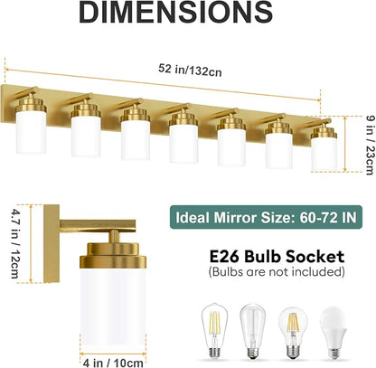 IZORRO Bathroom Vanity Light Fixture, 7-Light 52 inch Gold Bathroom Light Fixtures Over Mirror, with White Glass Shade, Modern Farmhouse Vanity Lights, Rustic Restroom Lighting Fixtures