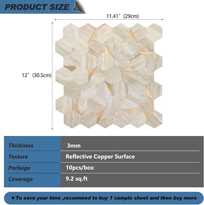 Hexagon Peel and Stick Backsplash for Kitchen Wall, 10 Sheets Heat Resistant Stick on Backsplash PVC Smart Tiles, 12'' Beige Marble Waterproof Peel and Stick Wall Tiles for Bathroom