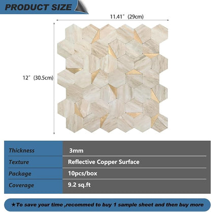 Hexagon Peel and Stick Backsplash for Kitchen Wall, 10 Sheets Heat Resistant Stick on Backsplash PVC Smart Tiles, 12'' Beige Marble Waterproof Peel and Stick Wall Tiles for Bathroom