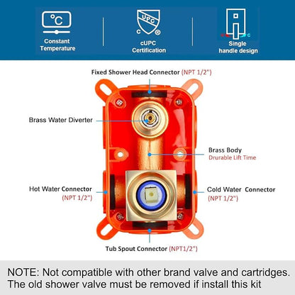 Tub Shower Faucet Set Brushed Gold Bathroom Rainfall Mixer 8 Inch Shower Head System with Tub Spout Single Handle Shower Trim Kit with Valve