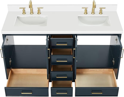 ARIEL Stafford 60-inch Bathroom Vanity with Sink,Solid Wood, 1.5-inch Pure White Quartz Countertop, Double Rectangular Porcelain Sink, 4 Soft Closing Doors, 6 Dovetail Drawers, Midnight Blue