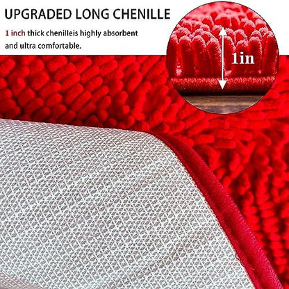 Half Round Bath Mat Red Bathroom Rugs Semicircle Chenille Bath Rugs Water Absorbent Floor Mats for Kids Washable Bathroom Shower Mat Area Rugs (19.2" x 31.1")