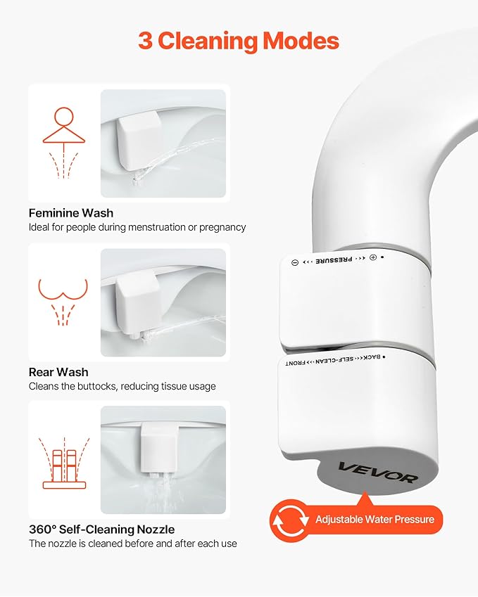 VEVOR Bidet Attachment for Toilet, Self-Cleaning Bidet Toilet Seat Attachment - Dual Retractable Nozzles, Adjustable Water Pressure, Easily Installed Cold Water Sprayer for Rear Feminine Wash, White