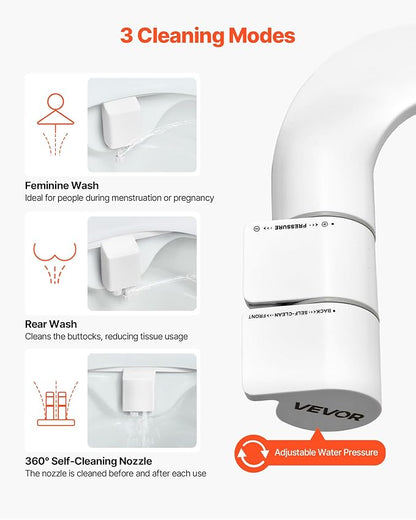VEVOR Bidet Attachment for Toilet, Self-Cleaning Bidet Toilet Seat Attachment - Dual Retractable Nozzles, Adjustable Water Pressure, Easily Installed Cold Water Sprayer for Rear Feminine Wash, White