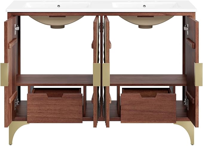 Modway Daylight Bathroom Vanity Cabinet with Ceramic Basin, 48" Double Sink, White Walnut