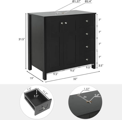 32'' Bathroom Vanity with Sink, Modern Bathroom Cabinet, Black | 2 Soft-Close Cabinet Doors, 4 Drawers, 2-Tier Inner Shelf, Freestanding Large Storage Cabinet, Blue Boat Glass Sink
