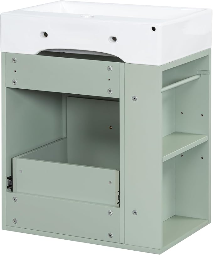 Harper & Bright Designs 20" Bathroom Vanity with Sink, Wall-Mounted Single Basin Vanity Set with One Drawer & Two-Tier Left Side Storage Shelf, Storage Cabinet with Ceramic Basin for Bathroom, Green