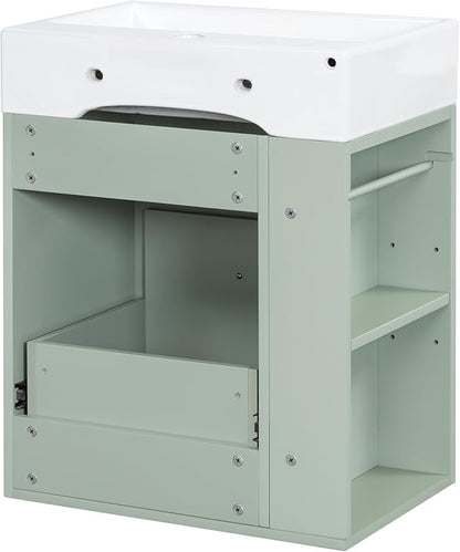 Harper & Bright Designs 20" Bathroom Vanity with Sink, Wall-Mounted Single Basin Vanity Set with One Drawer & Two-Tier Left Side Storage Shelf, Storage Cabinet with Ceramic Basin for Bathroom, Green
