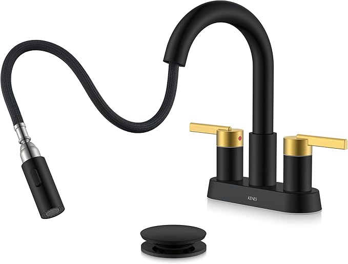 KENES Black and Gold Centerset Bathroom Faucet with Pull Out Sprayer, 4 Inch 2 Handle Pull Down Bathroom Sink Faucet 3 Hole, Bathroom Vanity Faucet with Pop Up Drain & Supply Lines LJ-9069-BG