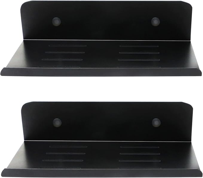 SinLoon 7.8 Inch Small Shelf in Flat Satin Aluminum Bathroom Shelf Wall Mount for Small Speaker Smartphone, Tablet, Toiletries Black 2 Pack