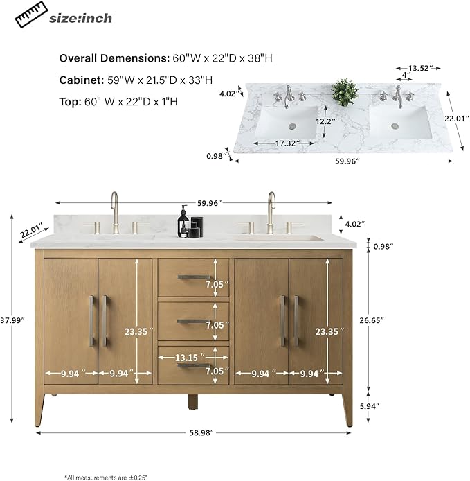 HomeBeyond 60 Inch Bathroom Vanity with Sink & Ceramic Top, Double Vanity Cabinet with Basin, Soft-Closing Doors & Matte Black Hardware, Natural Oak