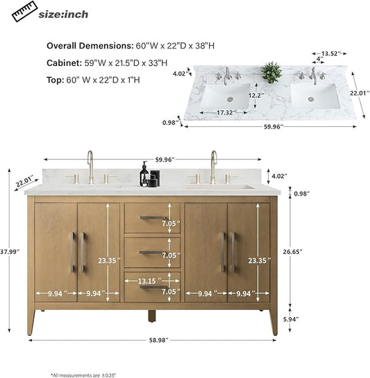 HomeBeyond 60 Inch Bathroom Vanity with Sink & Ceramic Top, Double Vanity Cabinet with Basin, Soft-Closing Doors & Matte Black Hardware, Natural Oak