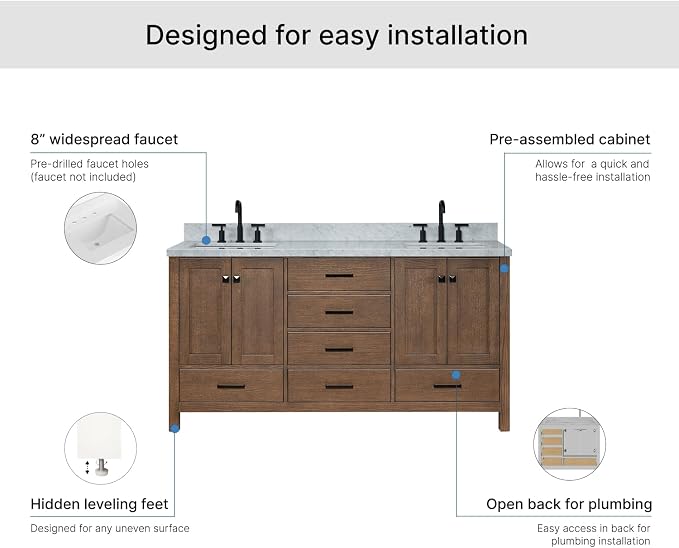 ARIEL Cambridge 66-inch Bathroom Vanity with Sink,Solid Wood, 1.5-inch Italian Carrara Marble Countertop, Double Rectangular Porcelain Sink, 4 Soft Closing Doors, 6 Dovetail Drawers, Brown Oak