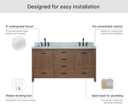 ARIEL Cambridge 66-inch Bathroom Vanity with Sink,Solid Wood, 1.5-inch Italian Carrara Marble Countertop, Double Rectangular Porcelain Sink, 4 Soft Closing Doors, 6 Dovetail Drawers, Brown Oak