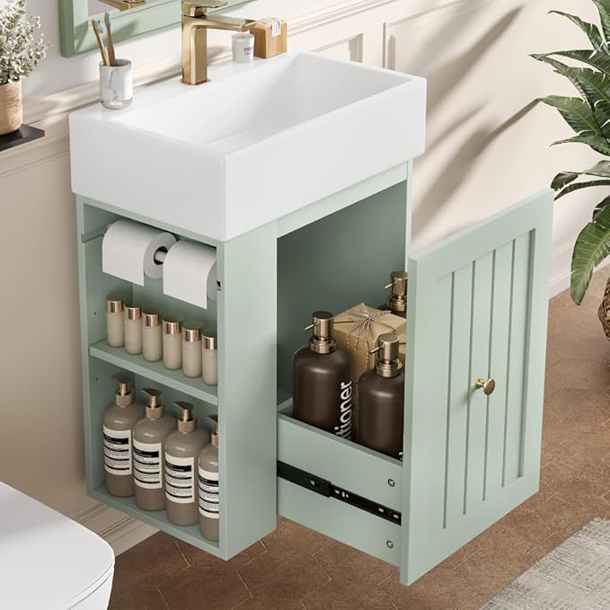 20" Floating Small Bathroom Vanity with Sink, Wall Mounted Vanity for Compact Bathrooms, Space-Saving Narrow Bathroom Vanities with Soft-Close Drawer Open Shelf Towel Bar (Green,20" Floating Drawer)