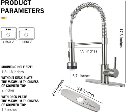 DJS Kitchen Faucets with Pull Down Sprayer Brushed Nickel LED Light Single Handle 1 or 3 Holes Spring Kitchen Sink Faucet with Deck Plate for Farmhouse RV Vessel Basin