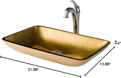 KRAUS 22-inch Rectangular Gold Glass Bathroom Vessel Sink and Arlo Faucet Combo Set with Pop-Up Drain, Chrome C-GVR-210-RE-1200CH
