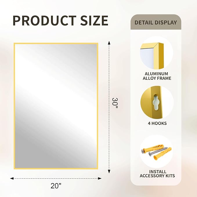 FICTOR Bathroom Vanity Mirror for Over Sink, 20" x 30", Gold | Anti-Rust Frame, Shatterproof Tempered Glass, Vertical/Horizontal Wall Mounted Mirror for Bedroom, Entryway, Living Room