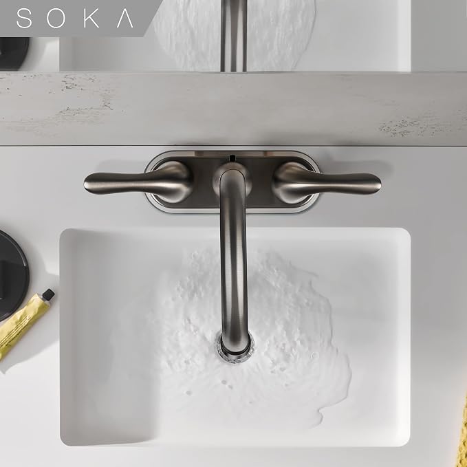 SOKA Two Handles Centerset Bathroom Faucet for Sink High Arc Stainless Steel with Deck Plate & Pop-Up Drain Assembly Fit 3 Hole Installation, Metallic Grey
