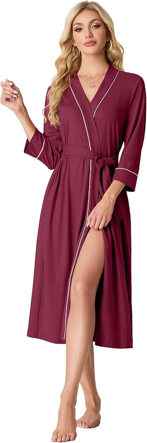 PrinStory Robes for Women 3/4 Sleeve Long Bath Robe XS-4XL | V-Neck Knit Bathrobe with Pockets, Lightweight, Soft, Breathable Robes for Shower, Spa, Travel, Home, Party, Nursing