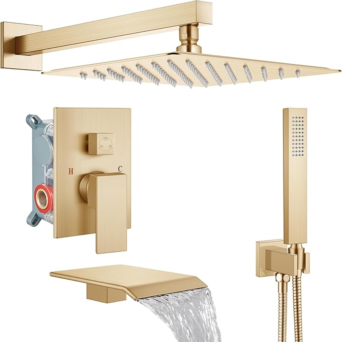 Midanya Rain Shower System with Tub Spout,Tub Shower Faucet Set with rainfall Shower Head and Handheld Spray,Wall Mount Tub Shower Combo Rough-in Valve Included,10 Inch Brushed Gold