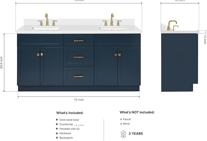 DKB Bradford 72 Inch Bathroom Vanity Double Sink — Midnight Blue Bathroom Vanity with Sink, 1.5" Edge Pure White Quartz Countertop & Backsplash, 4 Soft-Close Doors, and 3 Dovetail Drawers