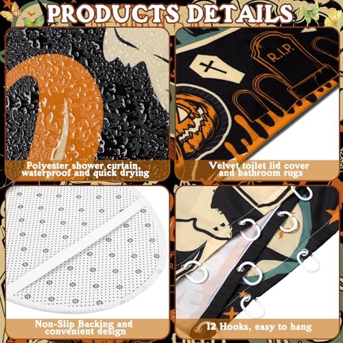 FuWeave 8 Pcs Halloween Shower Curtain Set for Bathroom Include Vintage Ghost Pumpkin Bat Cat Towels Non Slip Skull Rugs Toilet Lid Cover Spider Web Bath Mat and 12 Hooks for Halloween Bathroom Decor